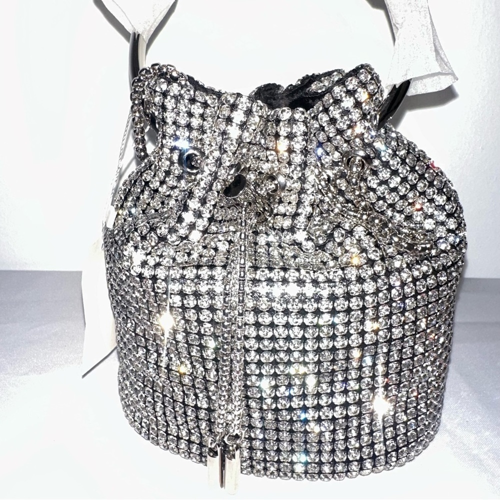 Clear Rhinestone Swing Handle Drawstring Tassel Closure Bucket Bag - Picture 3 of 11
